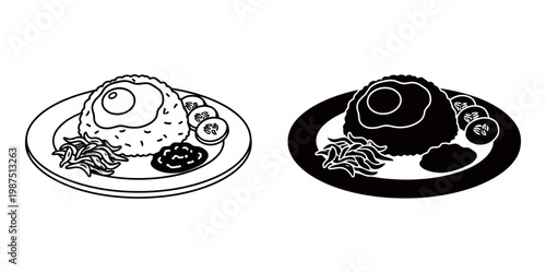 Nasi lemak plate with fried egg anchovies cucumber and sambal outline and silhouette icon set for malaysian national dish menu design traditional southeast asian breakfast illustration for branding.
