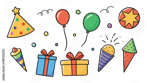 Colorful hand-drawn birthday party elements including balloons, gifts, and hats on a white background for celebration design