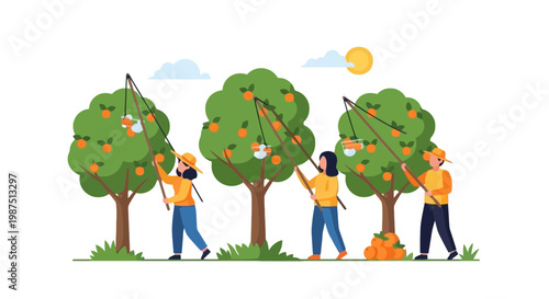 Children Picking Fruits from Fruit Trees in Orchard Garden