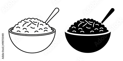 Rice bowl icon set, outline and glyph style cooked rice vector icons, warm and comforting meal, simple yet delicious staple food for everyday dining.