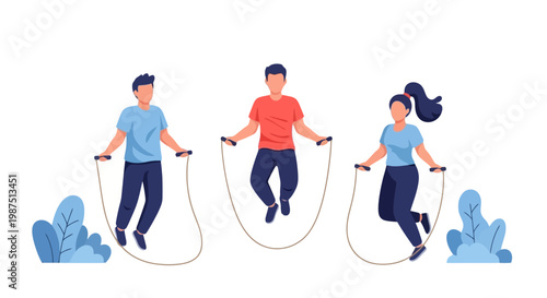 Young Adults Jumping Rope Outdoors in Sunlight