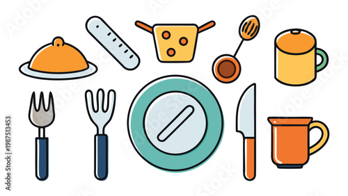Colorful cartoon kitchen utensils and dinnerware set for cooking and dining concepts on white background