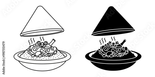 Steaming hot tajine dish served with aromatic rice and tender chicken leg, icon set for culinary applications, traditional Moroccan cuisine.