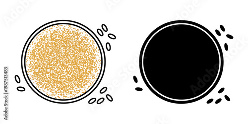 Flax seeds in bowl icon set, outline and glyph style flax seeds vector icons, healthy superfood for nutritious diet, natural source of omega-3 and fiber.