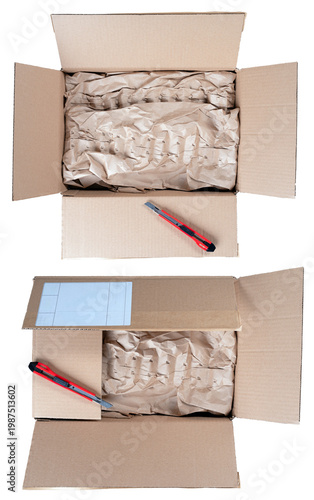 An open cardboard box with a sticker opened with a paper cutter. Isolated background.