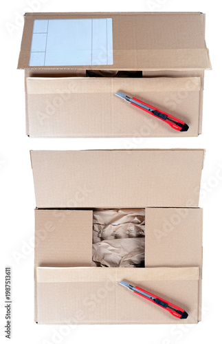 An open cardboard box with a sticker opened with a paper cutter. Isolated background.