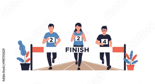 Runners Crossing Finish Line in Competition with Victory Celebration