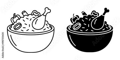 Generous bowl of chicken and rice stew, mixed with vegetables and herbs, served with chicken drumsticks, vector illustration, hearty homemade meal.