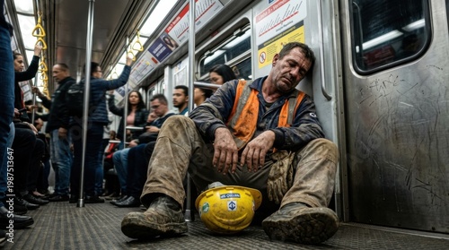 Tired worker rests on subway train after long day of labor.