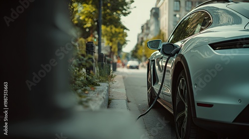 electric vehicle at a public charging station. electric vehicle connected to a modern charging station. eco-friendly travel and innovation
