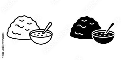 Mashed potatoes and gravy bowl icon set with spoon in outline and solid silhouette styles for thanksgiving dinner menu design and comfort food restaurant branding isolated on white background.