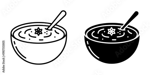 Traditional soup bowl with star anise spice and spoon vector illustration in linear and solid silhouette styles for asian cuisine restaurant menu design healthy liquid meal icon isolated on white.