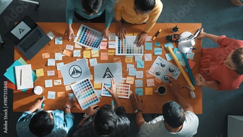 Slika na platnu Top down view of smart designer explain and brainstorming idea for logo design and writing concept
