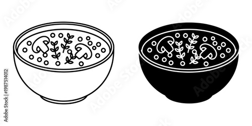 Warm soup with mushrooms and herbs in bowl shown as line art and solid black icon representing comforting food and simple meal preparation for culinary use.