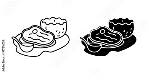 Steak dinner with mashed potatoes and gravy served on plate with spoon in line art and solid black icon format representing classic meal and simple food presentation.