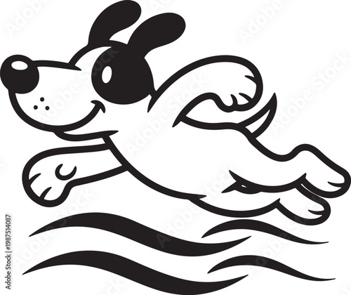 Cartoon dog with floppy ears joyfully leaping through stylized waves, black and white line also transparent background