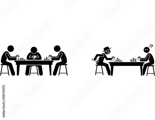 Stick figures depicting a card game with three players on the left and a cheating or scamming incident between two players on the right.