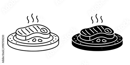 Hot steak served on a plate with garnish, depicted in outline and silhouette, symbolizing a freshly cooked, flavorful meat course.