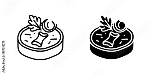Liver pate or terrine dish icon set featuring circular meat spread with parsley garnish and olive slice in line and silhouette styles for gourmet food menu and culinary recipe presentation art.