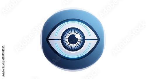 A futuristic blue eye graphic on a white background