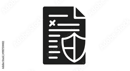 A black and white icon of a document with a shield on it, symbolizing security and protection.