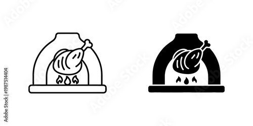 Traditional oven with roasted chicken line and solid icon set featuring poultry leg in stone furnace with fire for restaurant menu design web element graphic illustration isolated on white b.