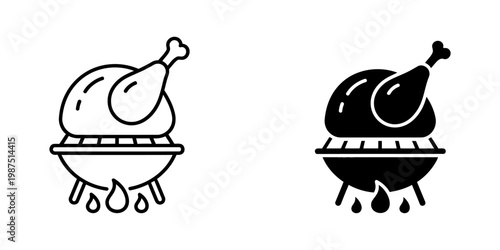Barbecue chicken grill icon set showing whole roasted poultry over open flame in outline and silhouette styles for restaurant menus or backyard cooking events and summer party food preparation signs.