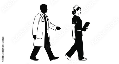Doctor and nurse walking side by side a black silhouette on transparent background