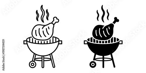 Grilled chicken leg icon collection presenting poultry drumstick on barbecue stand with steam and smoke in linear and filled versions for food festival branding and culinary advertising materials.