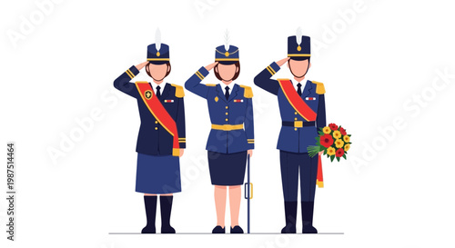 Military Ceremony with Saluting Officers and Flower Bouquet