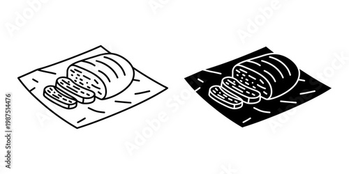 Sliced brisket or bread loaf icon on serving paper displayed in line art and solid black styles for delicatessen branding butcher shop signage and traditional bakery product marketing campaigns.