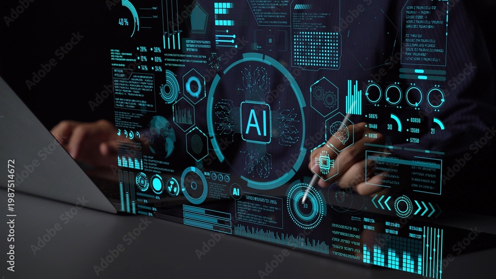 Fototapeta premium AI Assistant Brain Processor with LLM Technology, Big Data, Machine Learning, Generative AI for Business Support, Future Agentic AI Technology and Artificial Intelligence Prompt Engineering. Thunk