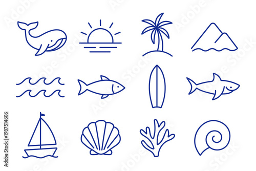 Set of simple blue outline vector icons for summer beach ocean and marine life concepts