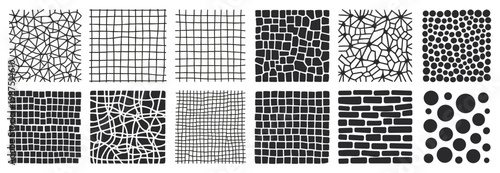 Set of twelve hand drawn square patterns featuring geometric grids cobblestone textures organic cellular shapes and varying sizes of black circles on a white background