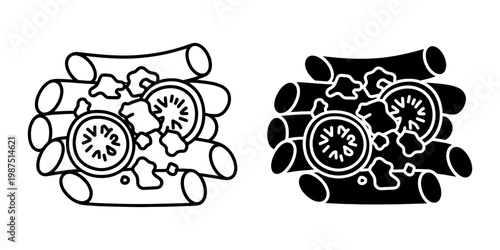 Rigatoni pasta with tomato slices and herb garnish line and silhouette vector icons set for italian cuisine menu design isolated food elements for restaurant advertising and cookbook illustration.