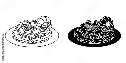 Shrimp scampi with rigatoni pasta and cherry tomatoes on plate line and silhouette vector icons set isolated seafood meal illustration for mediterranean restaurant menu and culinary design projects.