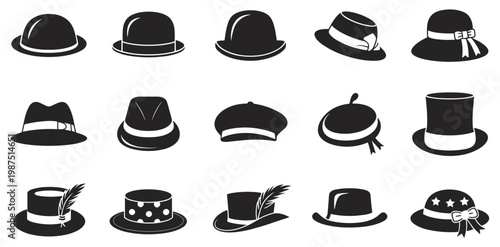 Set of fifteen black and white flat depicting various styles of hats including fedoras hats bowlers berets and sun hats arranged in a grid pattern on a white background
