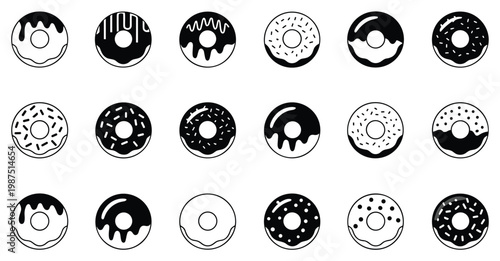 Collection of eighteen black and white donut featuring various glaze patterns sprinkles and frosting drips arranged in a grid layout