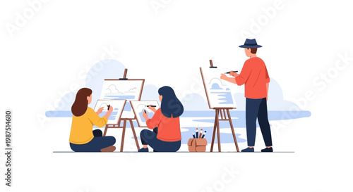 Artists Painting Outdoors with Canvas and Easels in a Bright Open Space