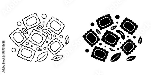 Ravioli pasta with basil leaves and spices line and silhouette vector icons set isolated italian dumplings illustration for organic food menu design and mediterranean cooking recipe book graphics.