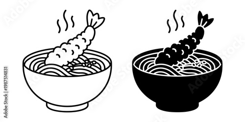 Vector art depicting a steaming bowl of ramen noodles with a tempura shrimp topping, offered in both detailed outline and bold solid black styles for diverse menu graphics.