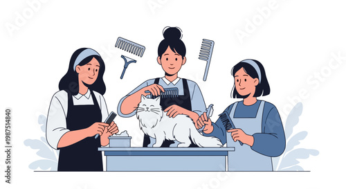 Veterinary Clinic Veterinarian Examining Cat with Support Staff