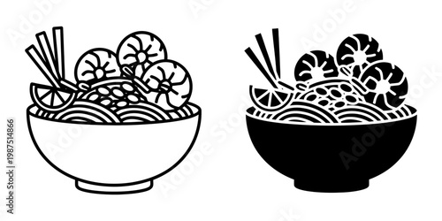 A vibrant graphic illustration of a noodle dish served in a deep bowl, complete with garnishes like lime and chili slices, available in outline and solid black vector.