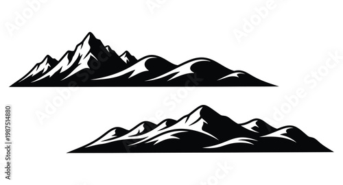 Two mountain range silhouettes with minimalist design on transparent background