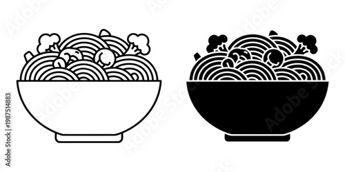 Noodle bowl icon vector illustration with broccoli and mushrooms line and solid silhouette set for restaurant menu design web or print project isolated on white background minimalist food graphics.