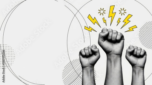 Trendy Halftone Collage Raised Fist up. Demonstration of protest. Fight for your rights. Girl power. Success and strength. Feminism concept. Minimal Gray Background with Wide Copy Space