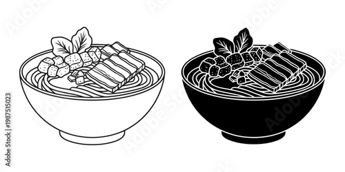 Outline and solid black silhouette of a delicious bowl of ramen noodles featuring succulent meat cubes and fresh herbs great for menu designs vector art.