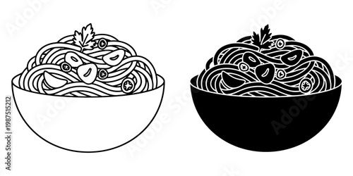 Spaghetti aglio e olio with garlic slices and chili peppers in white and black bowl icon vector illustration for italian restaurant menu or cooking blog projects on pasta dishes with fresh garnish.