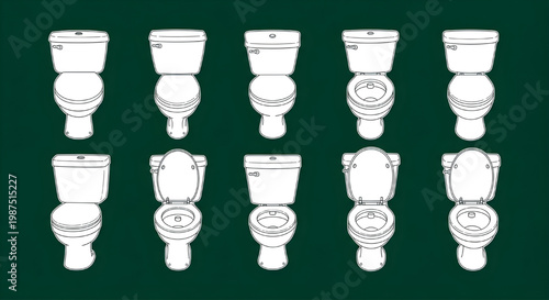 White Toilet Commode Top View Blueprint Vector – Bathroom Fixture AutoCAD Plumbing Layout Plan on Dark Green Background