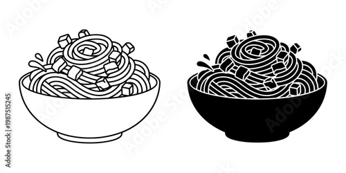 Asian stir fry noodles with tofu cubes in bowl set of linear and solid black vector icons for street food menu or healthy eating blog illustration with sauce splash and garnish detail elements art.